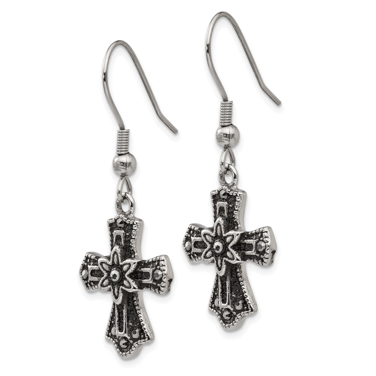 Stainless Steel Cross Earrings with Black Crystal Accents and Floral Motif