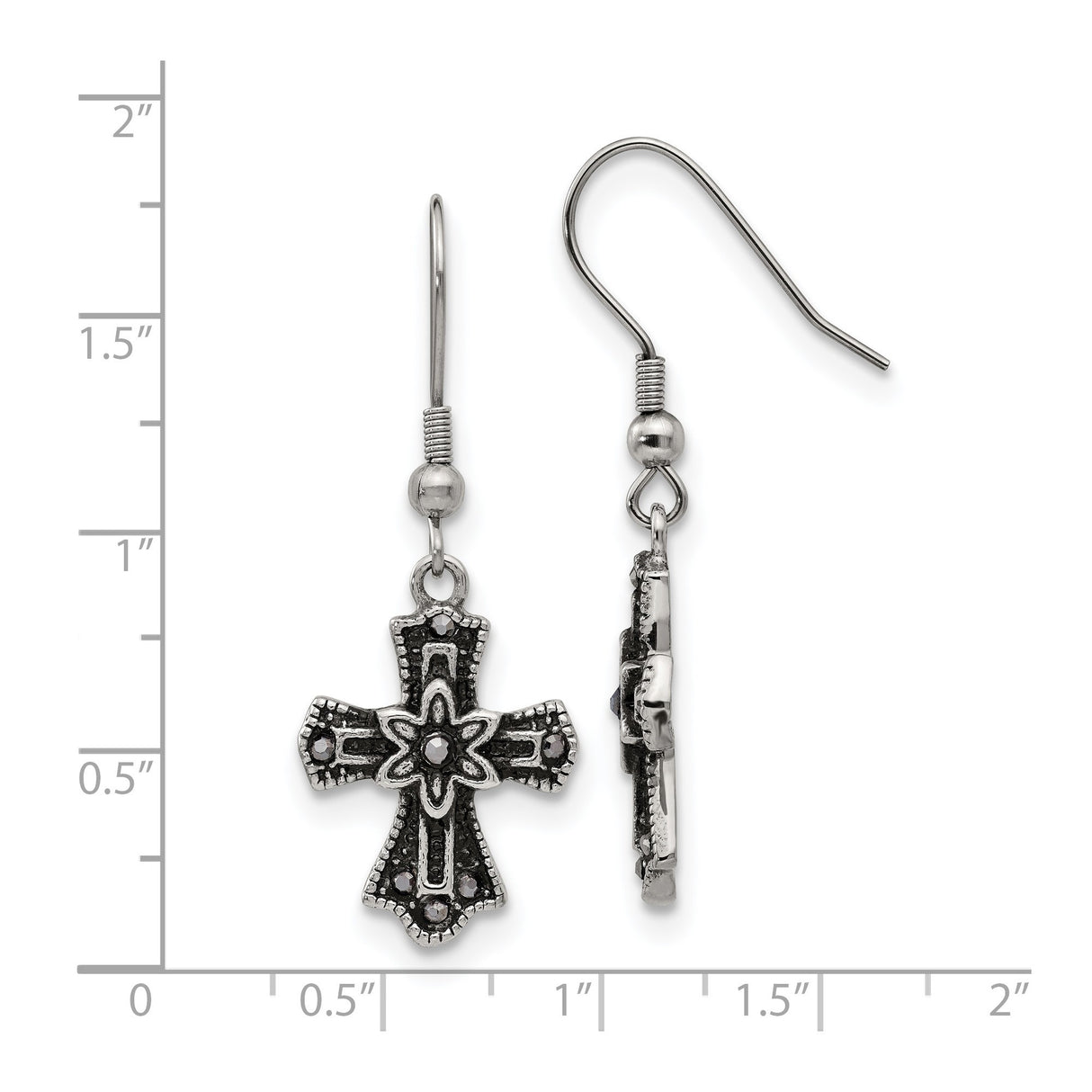 Stainless Steel Cross Earrings with Black Crystal Accents and Floral Motif