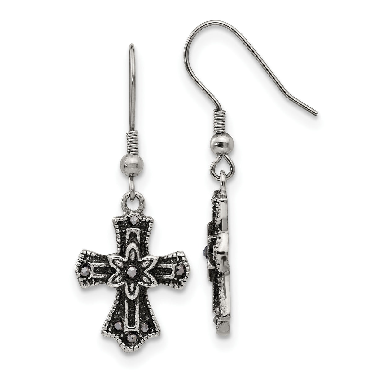 Stainless Steel Cross Earrings with Black Crystal Accents and Floral Motif