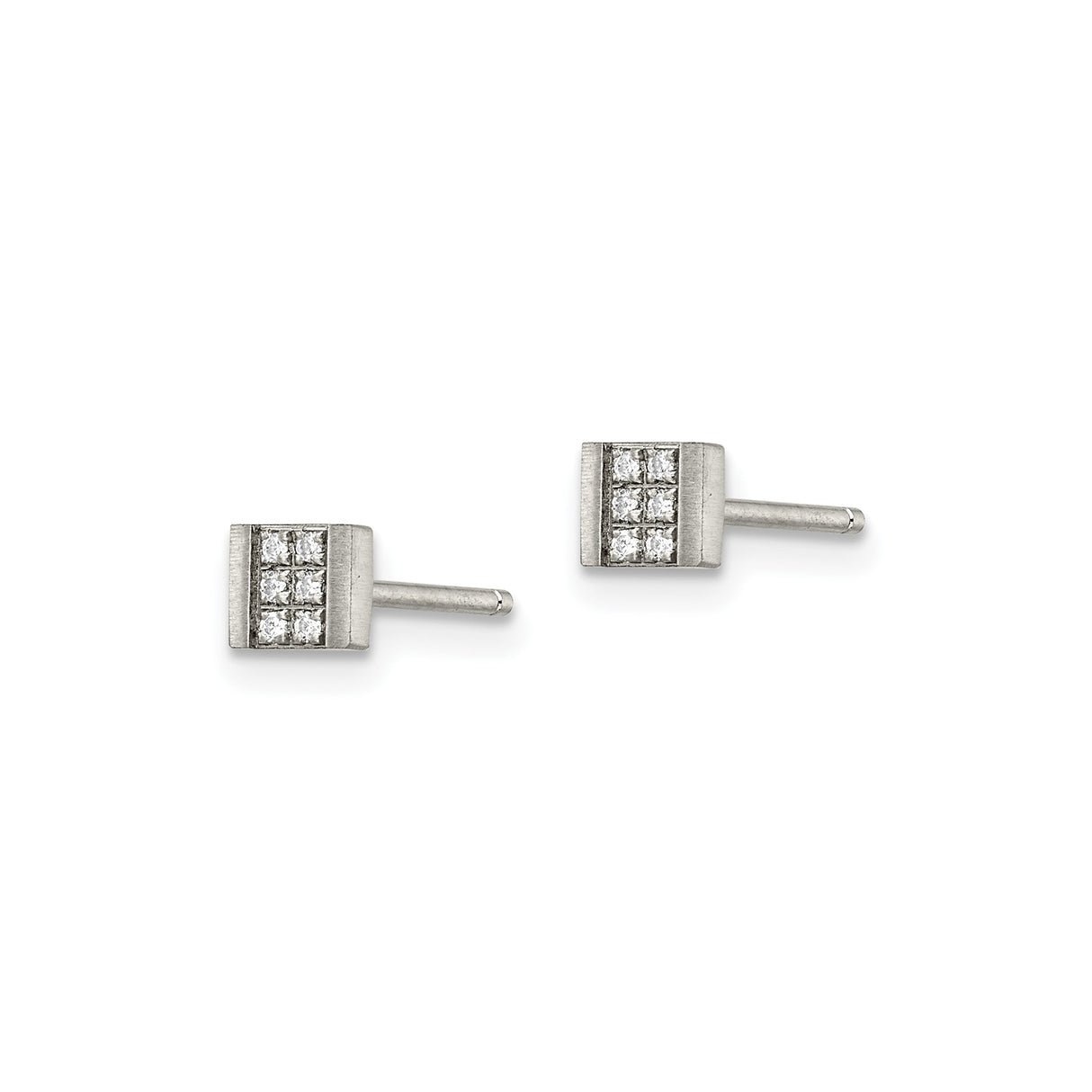 Stainless Steel Stud Earrings with Cubic Zirconia, Square Grid Design, Brushed Finish