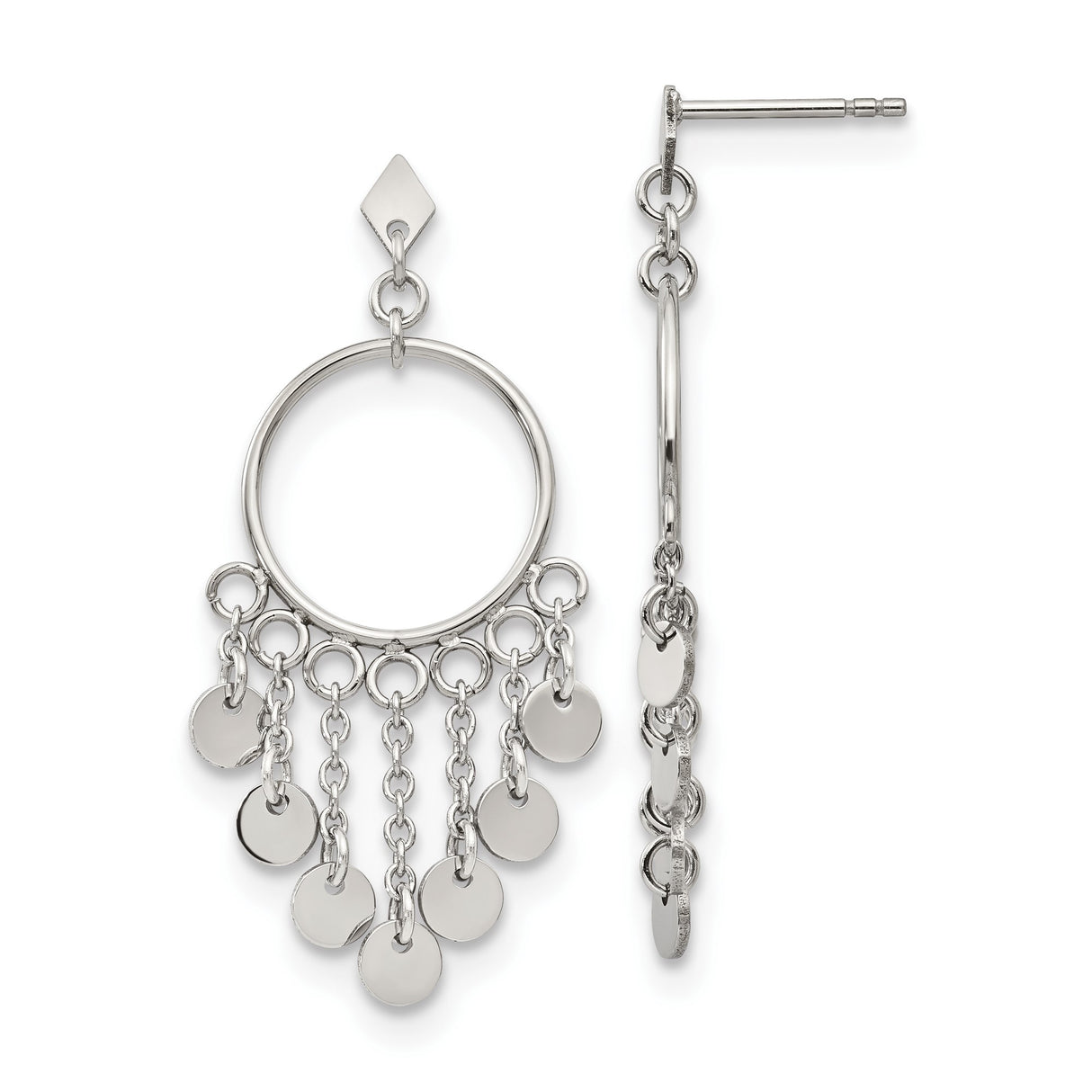 Stainless Steel Dangle Hoop Earrings with Disc Charms and Chain Accents, Modern Boho Style