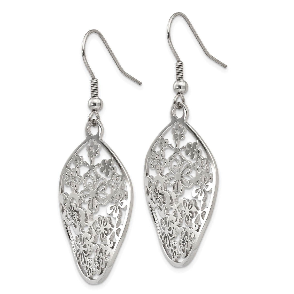 Stainless Steel Teardrop Hook Earrings with Cutout Floral Filigree Design for Women