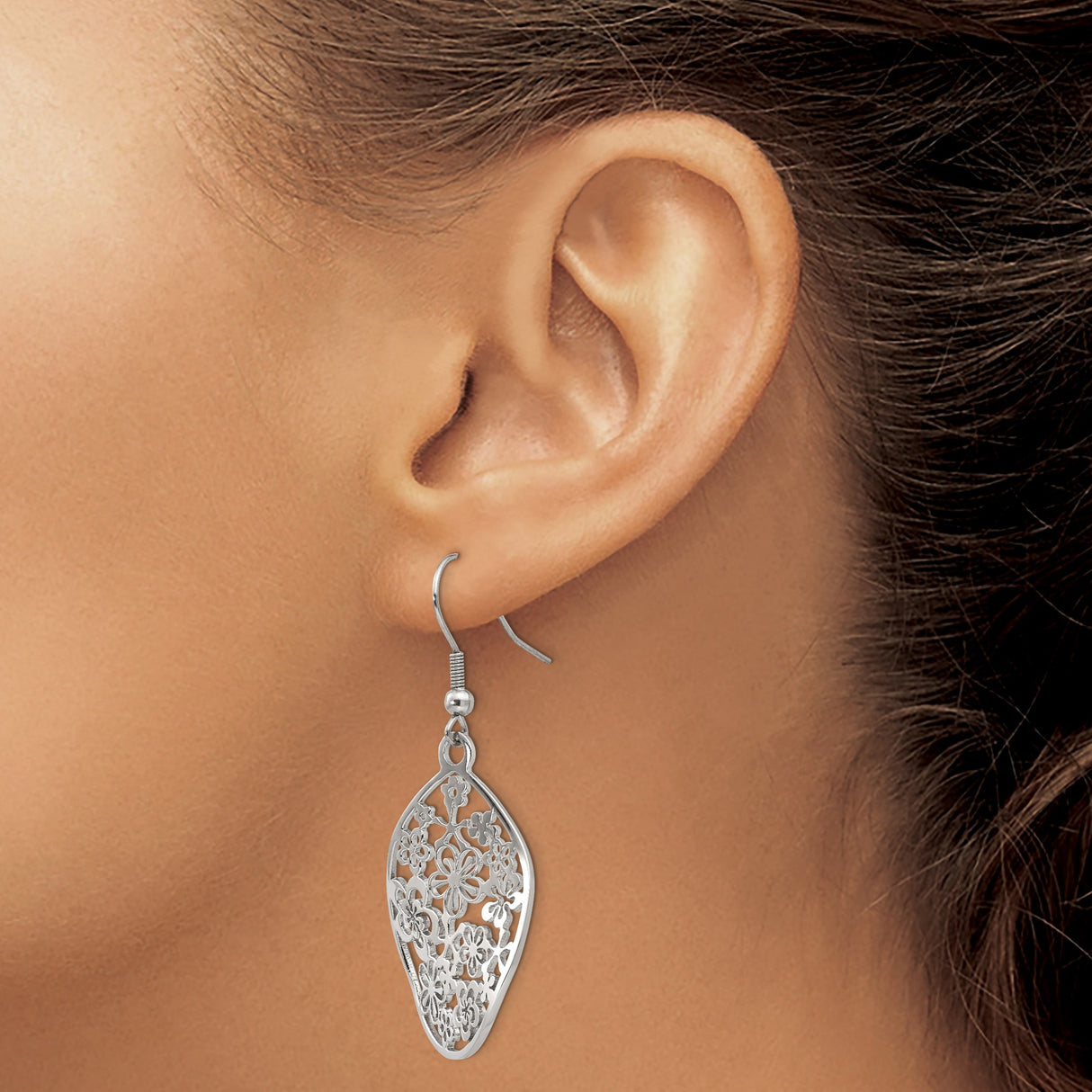 Stainless Steel Teardrop Hook Earrings with Cutout Floral Filigree Design for Women