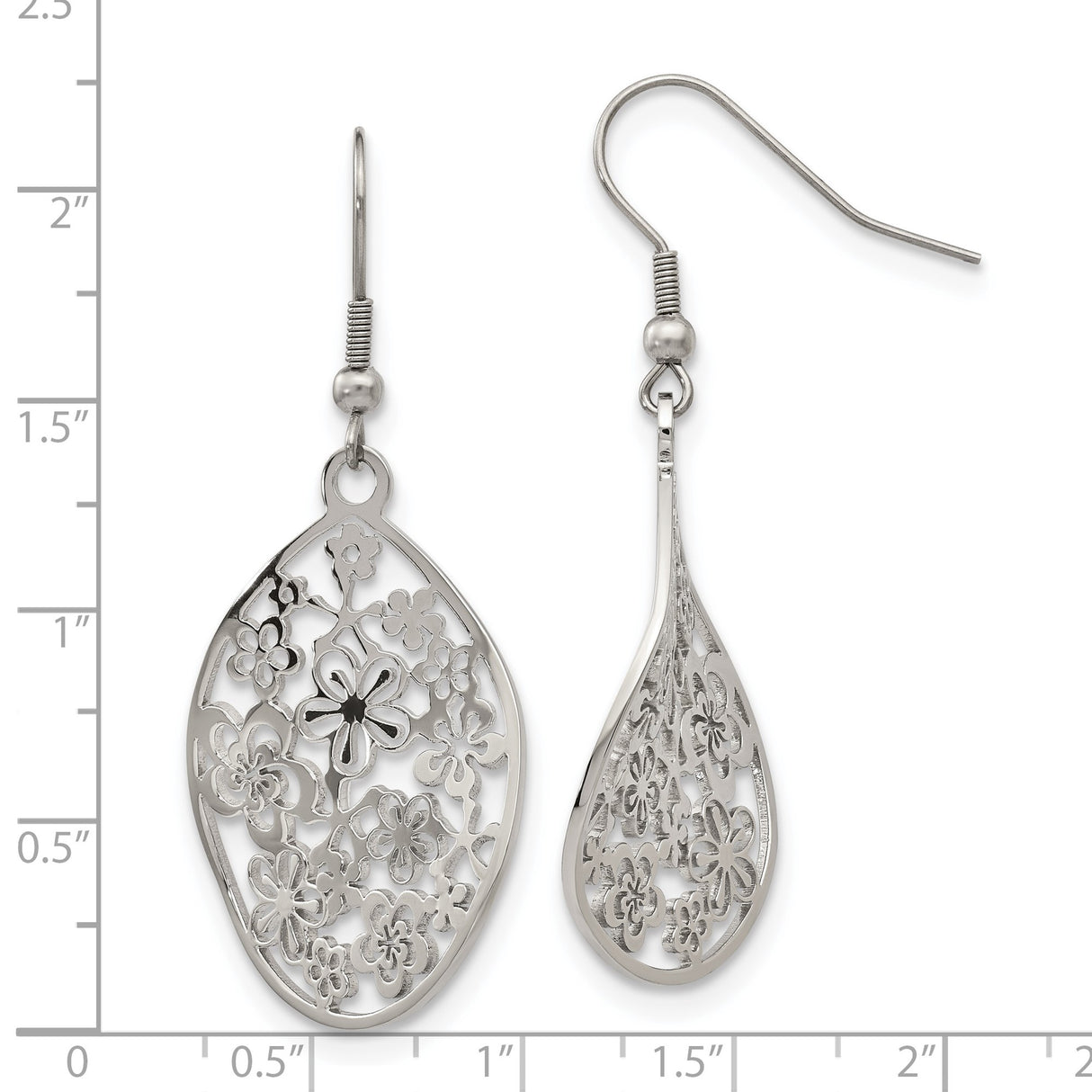 Stainless Steel Teardrop Hook Earrings with Cutout Floral Filigree Design for Women