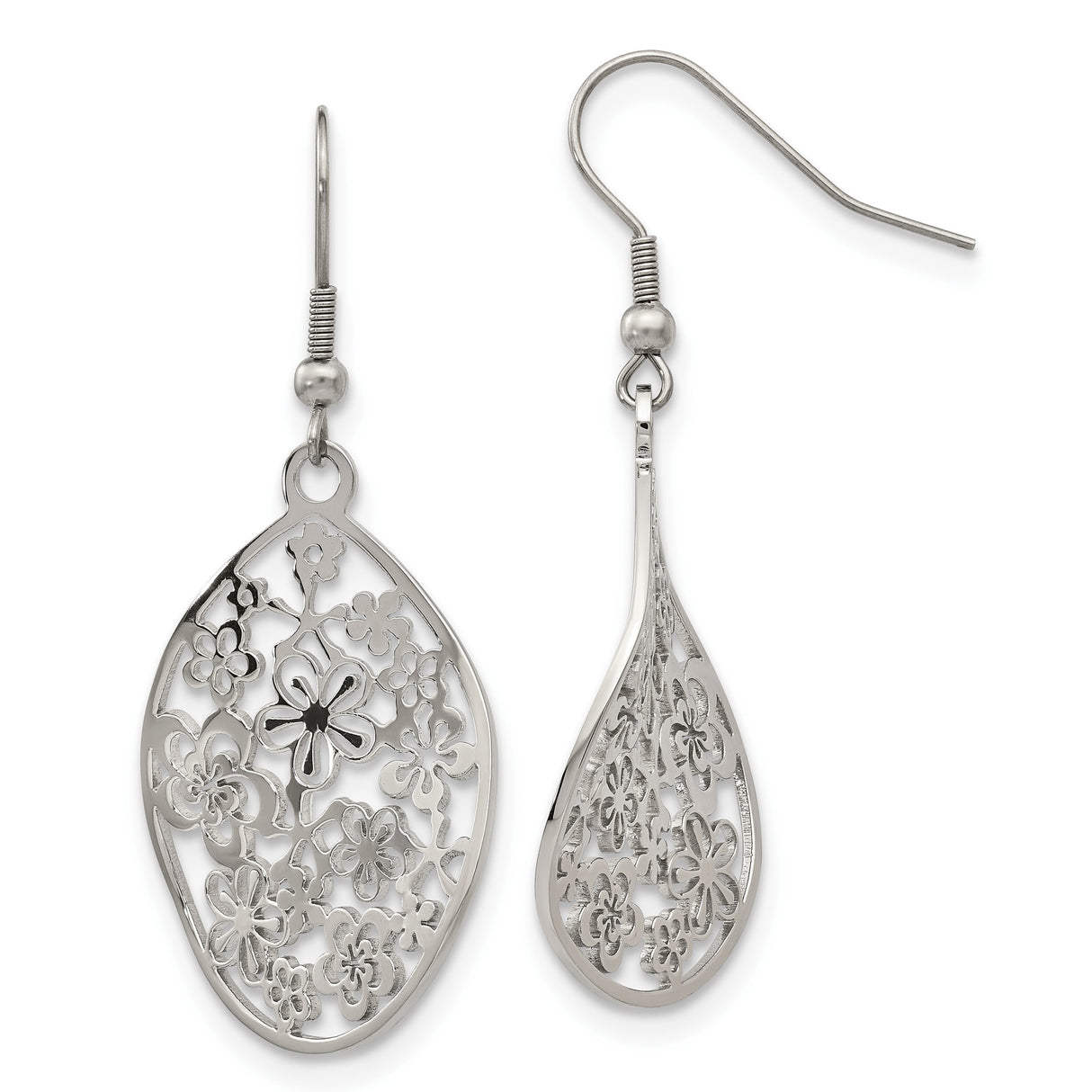 Stainless Steel Teardrop Hook Earrings with Cutout Floral Filigree Design for Women