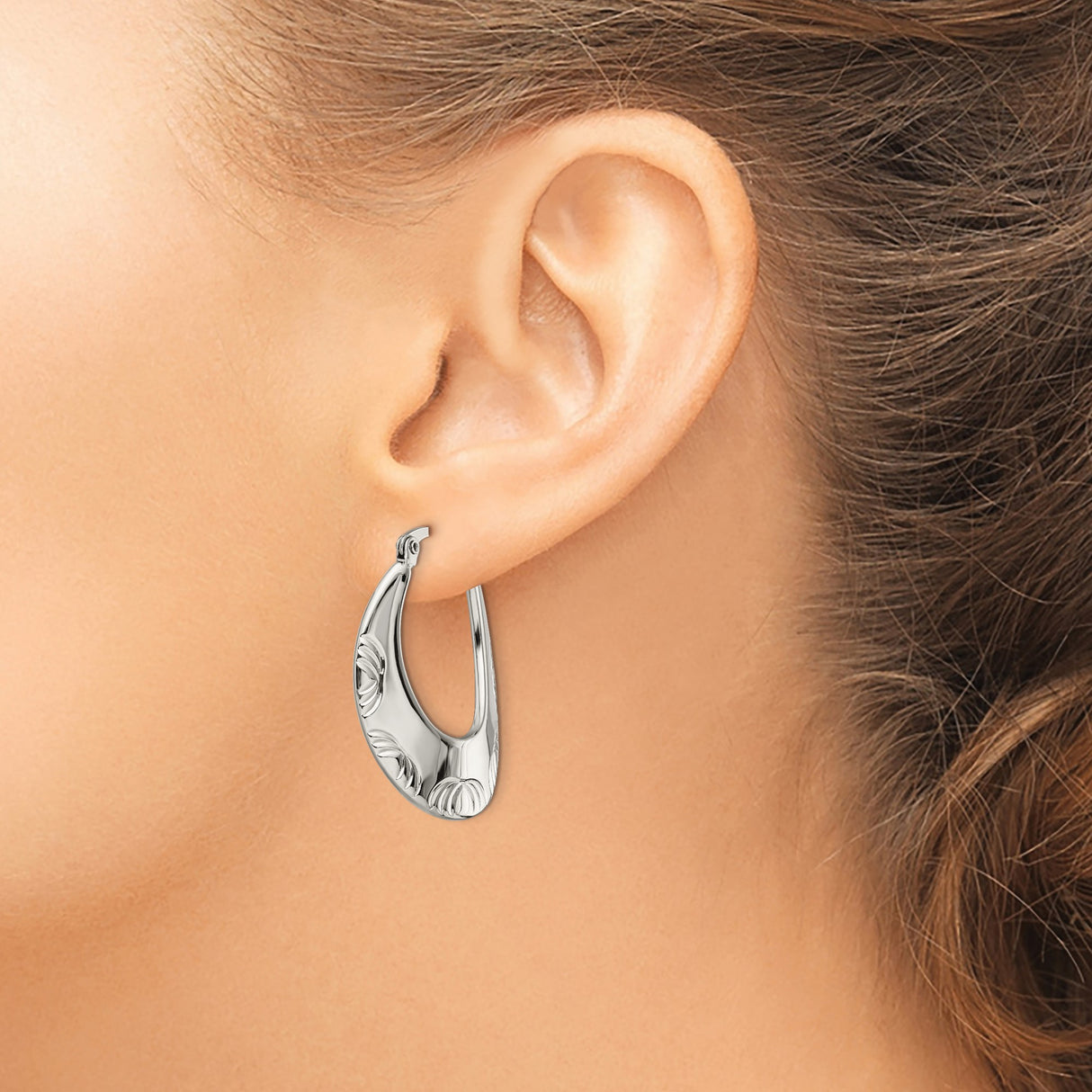 Stainless Steel Hoop Earrings, Elongated Oval with Etched Floral or Leaf Design