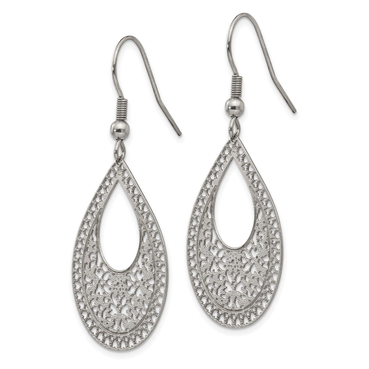 Stainless Steel Dangle Earrings with Floral Filigree Cutout Design, Teardrop Drop Style