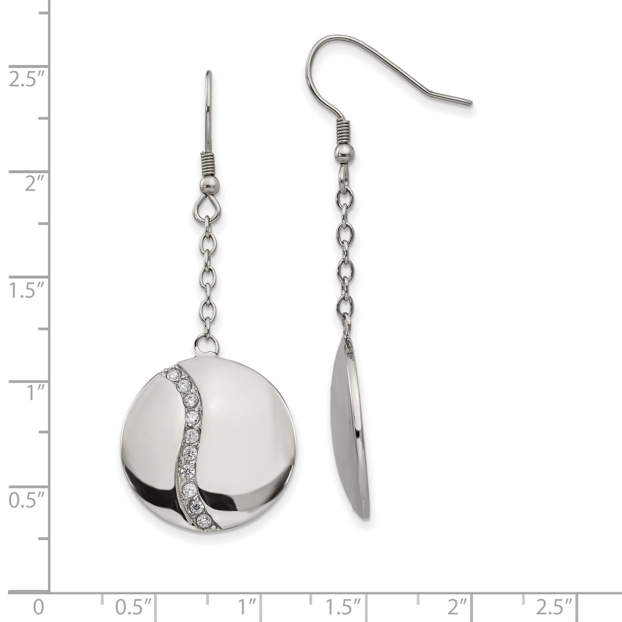 316 Stainless Steel Dangle Earrings with Cubic Zirconia, Round Disc Design, Hook Style