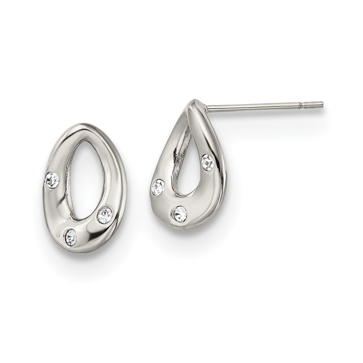 Stainless Steel Teardrop Post Earrings with Clear Crystal Accents, Modern Minimalist Design