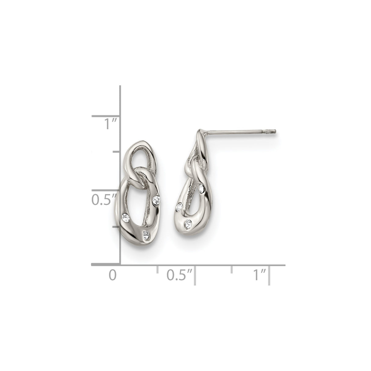 Stainless Steel Drop Earrings with Clear Crystals, Twisted Interlocking Oval Loops, Modern Style