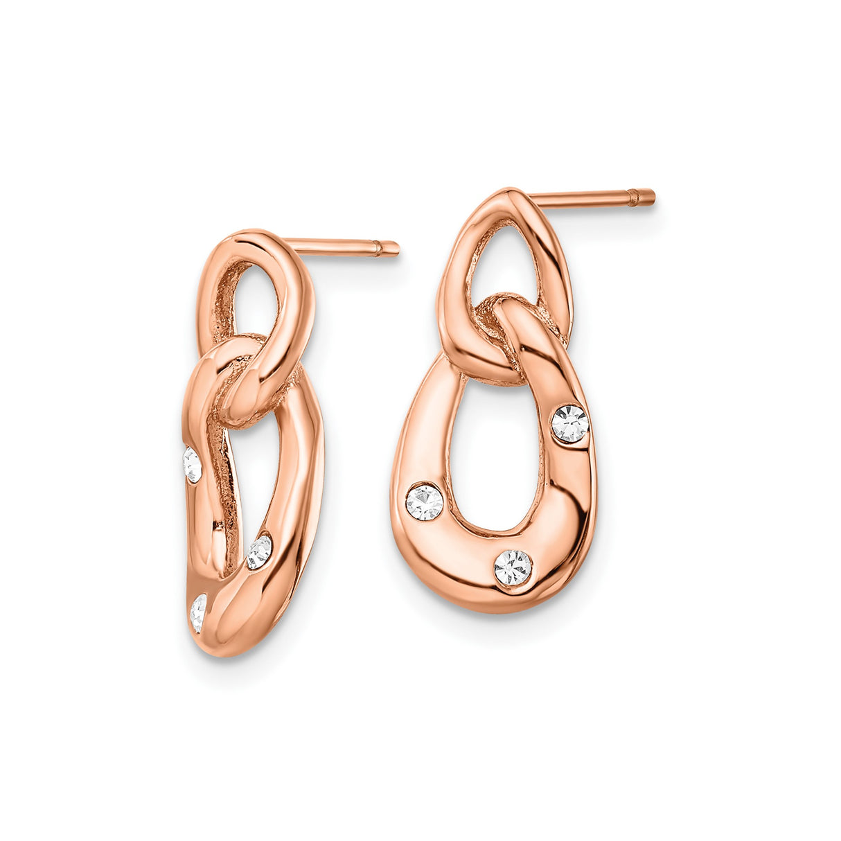 Stainless Steel Drop Earrings with Clear Crystal, Twist Interlocking Loop Design, Polished Finish