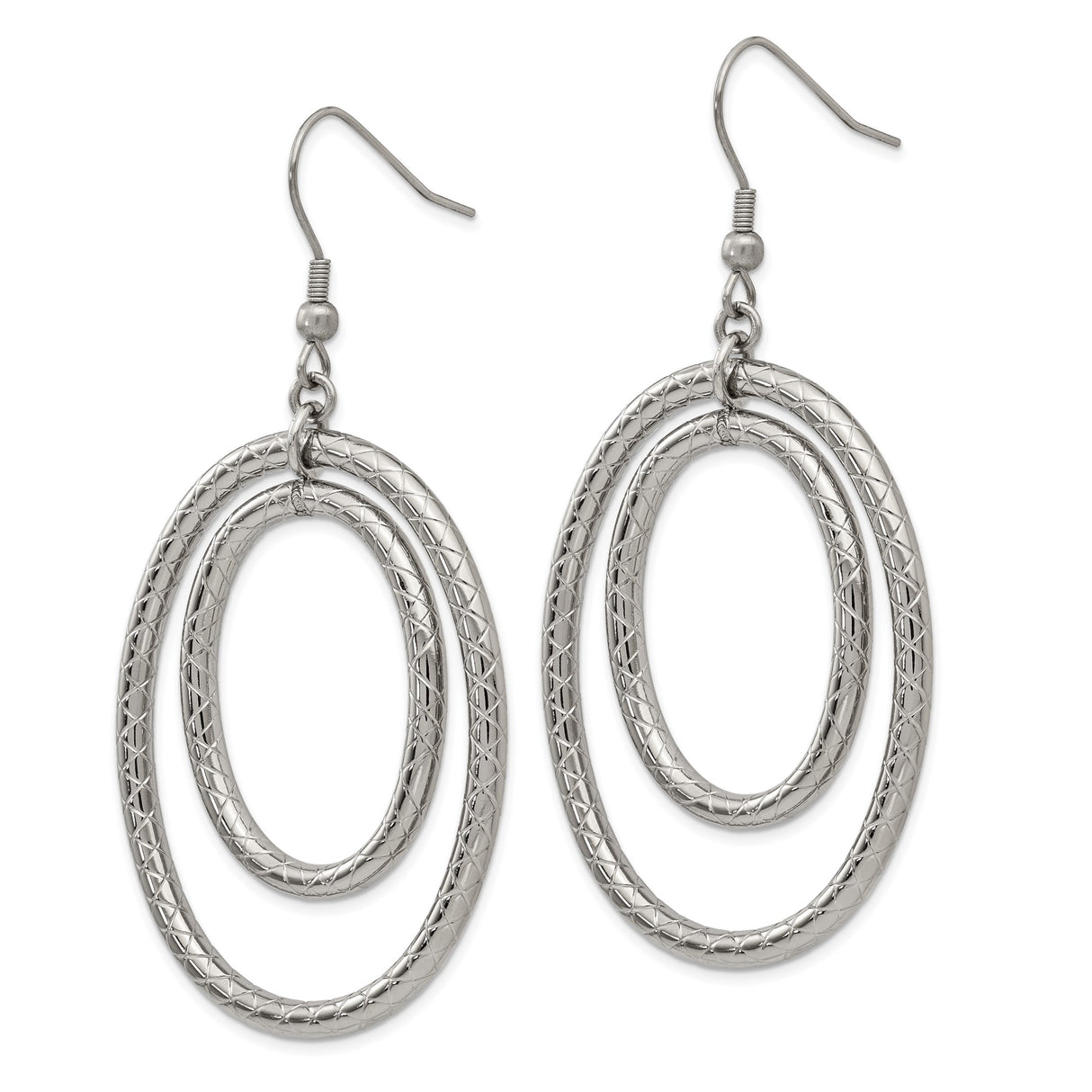 Stainless Steel Drop Earrings with Interlocking Oval Hoops and Diamond Cut Design