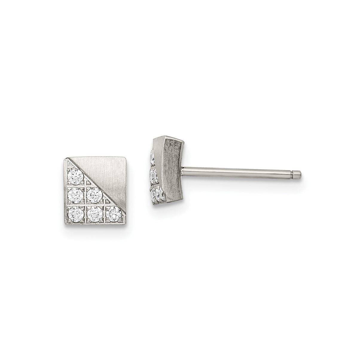 316 Stainless Steel Stud Earrings with Cubic Zirconia, Square Diagonal Split Design, Geometric Style