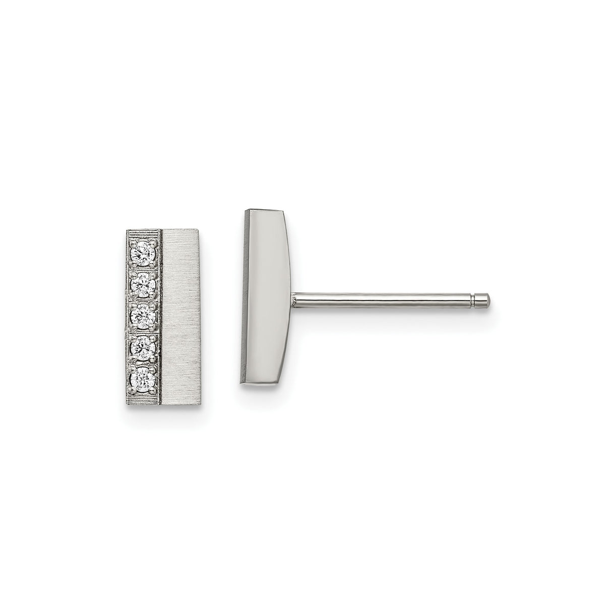 Stainless Steel Bar Stud Earrings with Cubic Zirconia, Brushed Modern Unisex Design