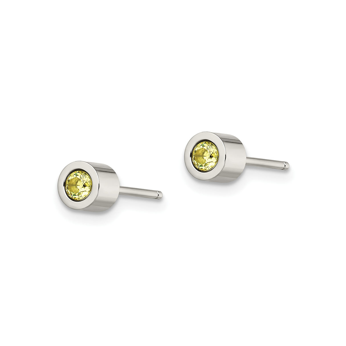 Stainless Steel Stud Earrings with Yellow Cubic Zirconia, Bezel Set, Hypoallergenic Unisex Design