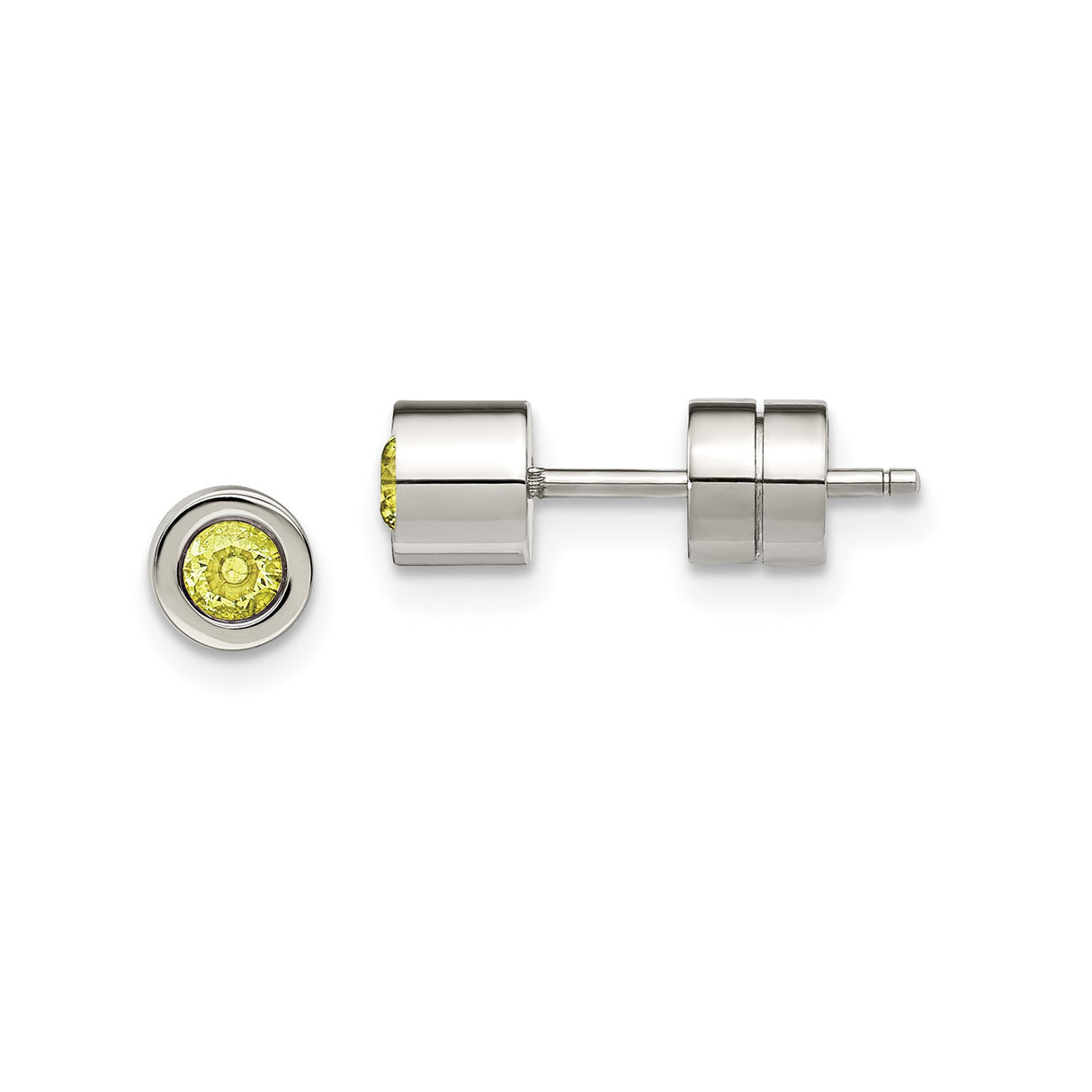 Stainless Steel Stud Earrings with Yellow Cubic Zirconia, Bezel Set, Hypoallergenic Unisex Design