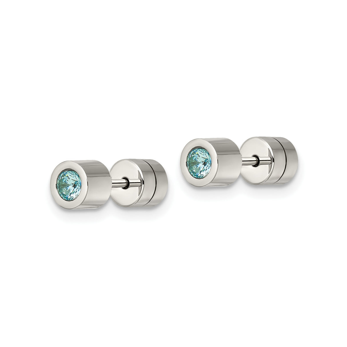Stainless Steel Stud Earrings with Light Blue Cubic Zirconia, Cylinder Design