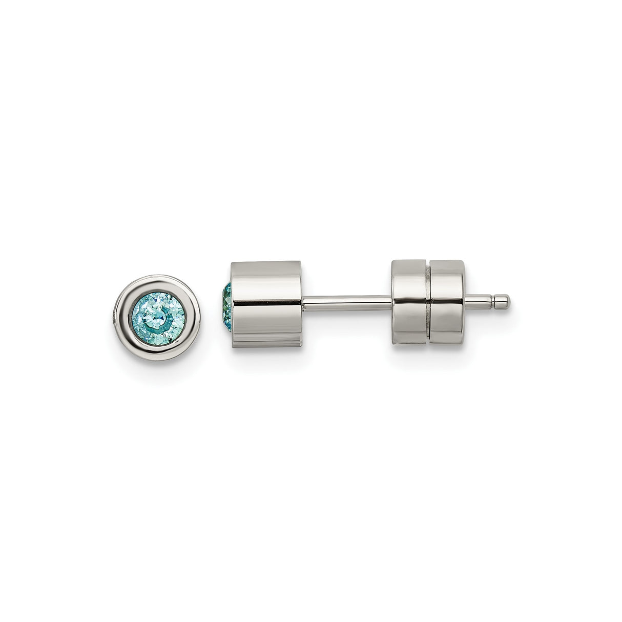 Stainless Steel Stud Earrings with Light Blue Cubic Zirconia, Cylinder Design