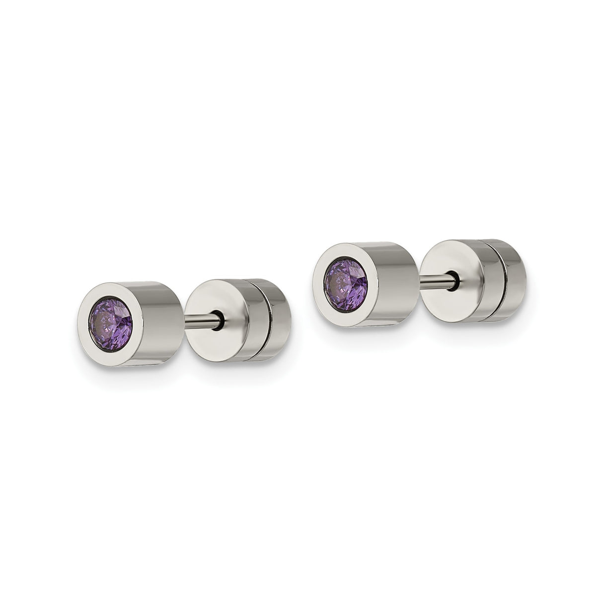 Stainless Steel Stud Earrings with Purple Cubic Zirconia, Faux Plug Style, Unisex Urban Design