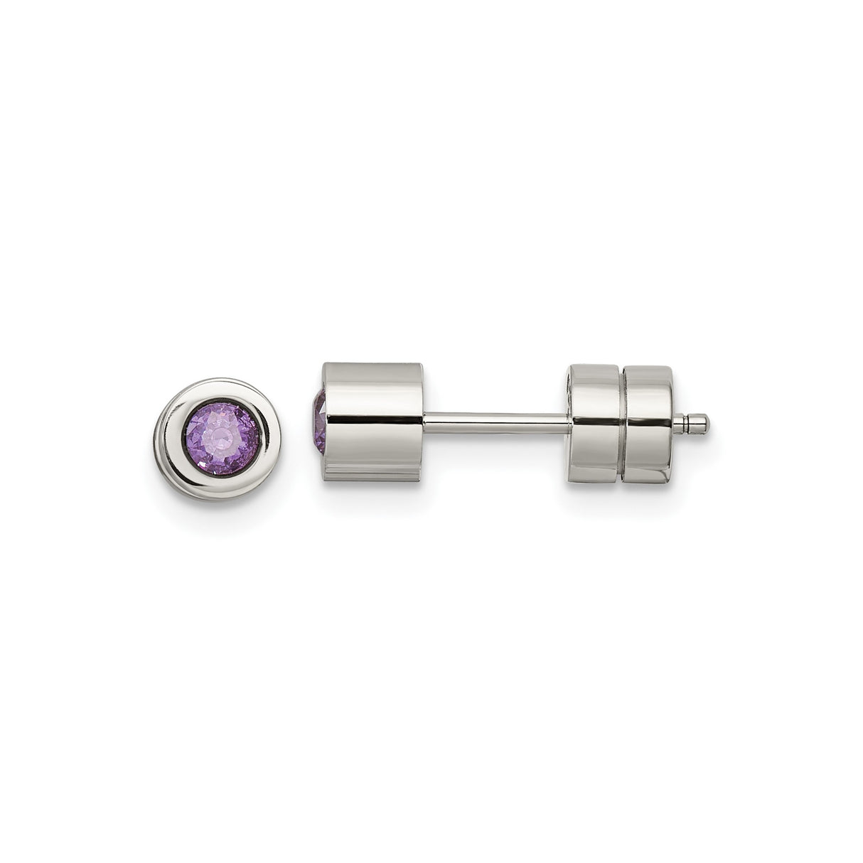 Stainless Steel Stud Earrings with Purple Cubic Zirconia, Faux Plug Style, Unisex Urban Design