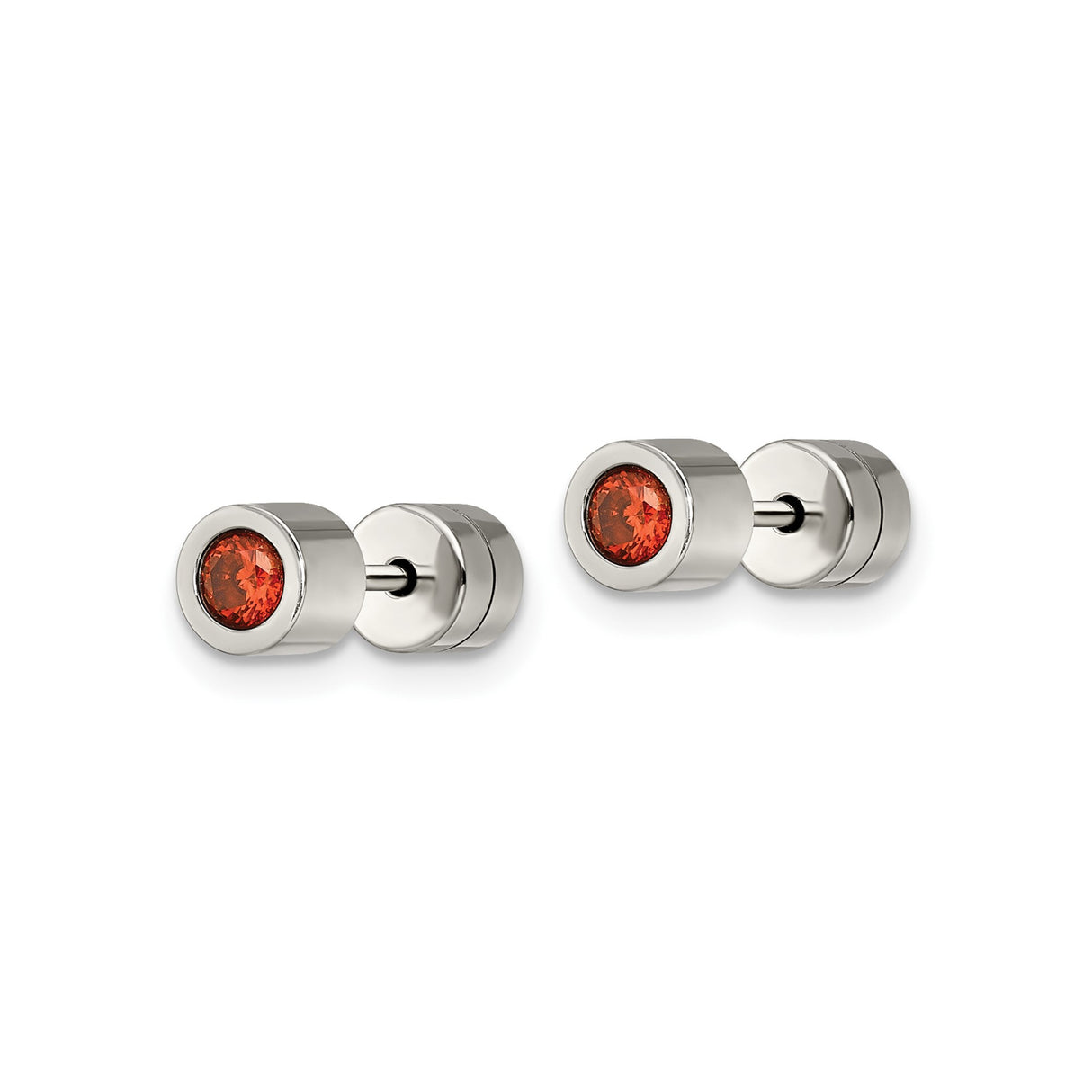 316 Stainless Steel Stud Earrings with Red Cubic Zirconia, Bezel Set, Hypoallergenic, Unisex Style