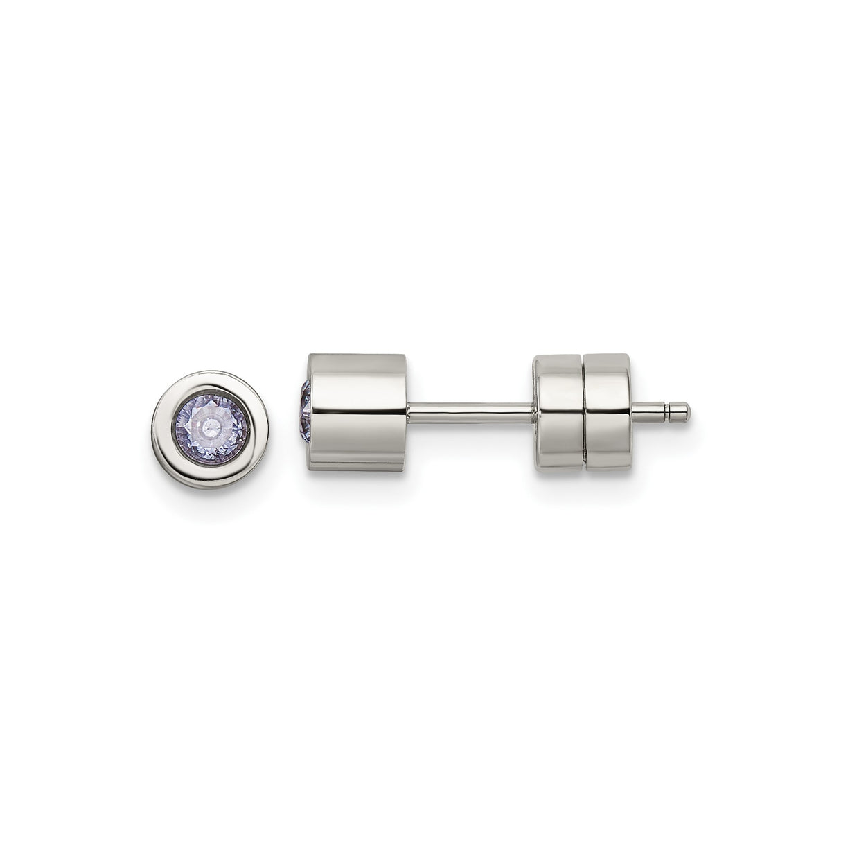 316 Stainless Steel Stud Earrings with Light Purple Cubic Zirconia, Bezel Set, Hypoallergenic Unisex Design