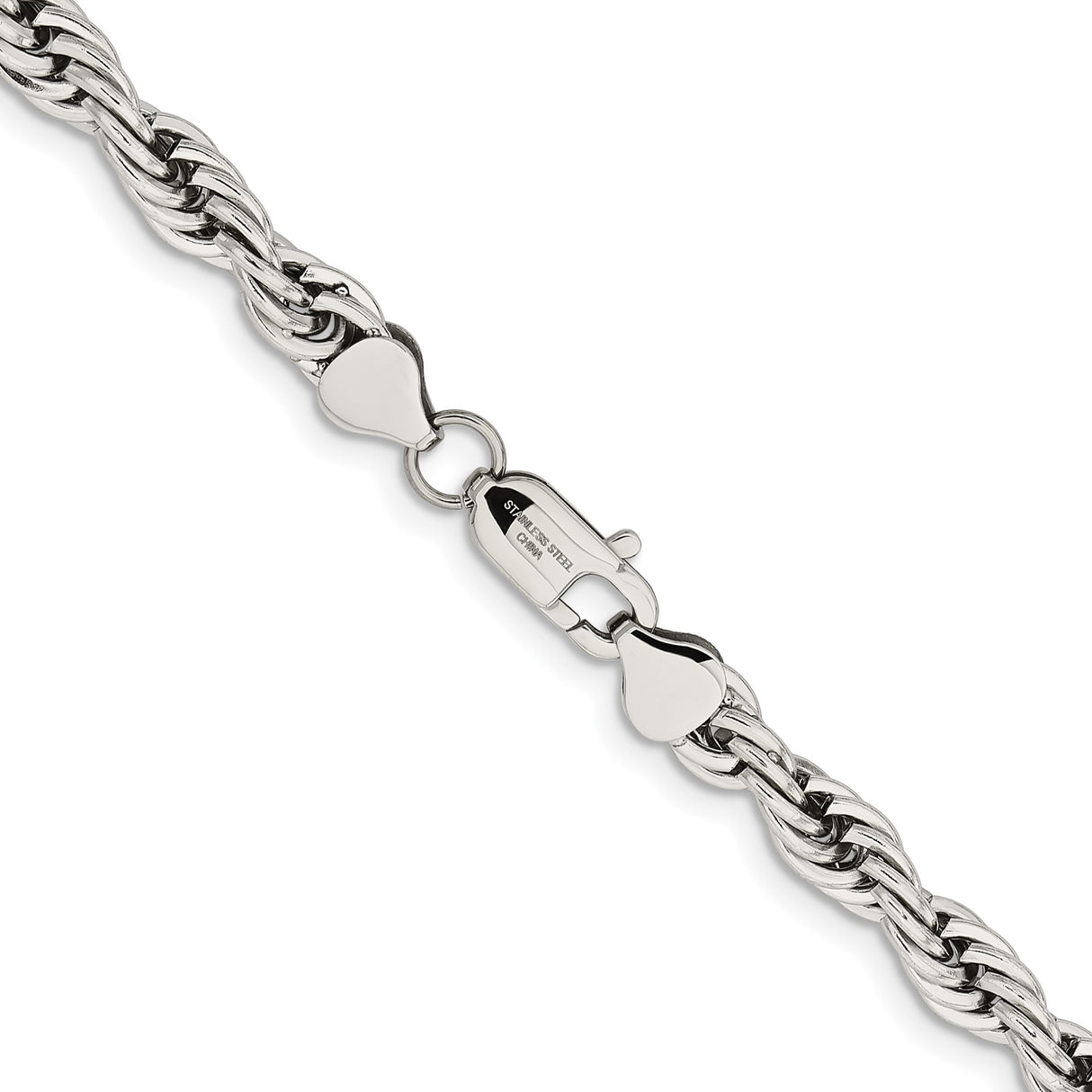 Stainless Steel 7 mm Rope Chain Necklace, Polished alternate angle
