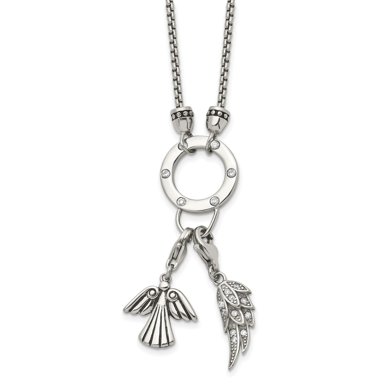 Polished CZ Feather Angel 2 Inch Ext. Necklace Charm Pendant in Real 316 Stainless Steel