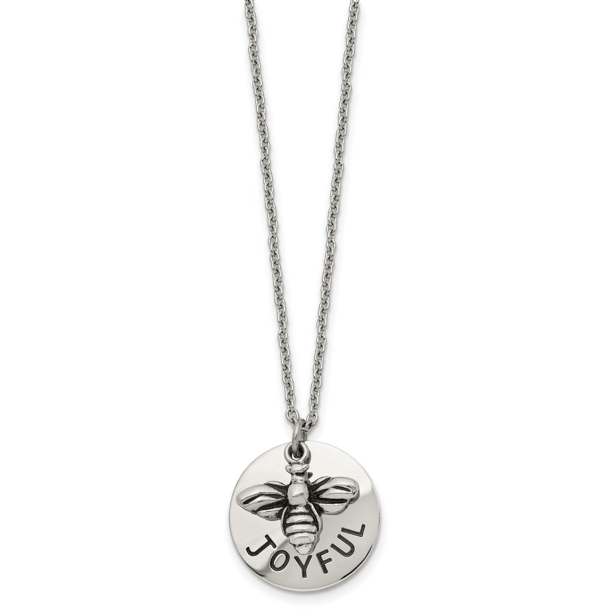 Polished Bumble Bee Joyful Word Necklace 22 Inch Charm Pendant in Real 316 Stainless Steel