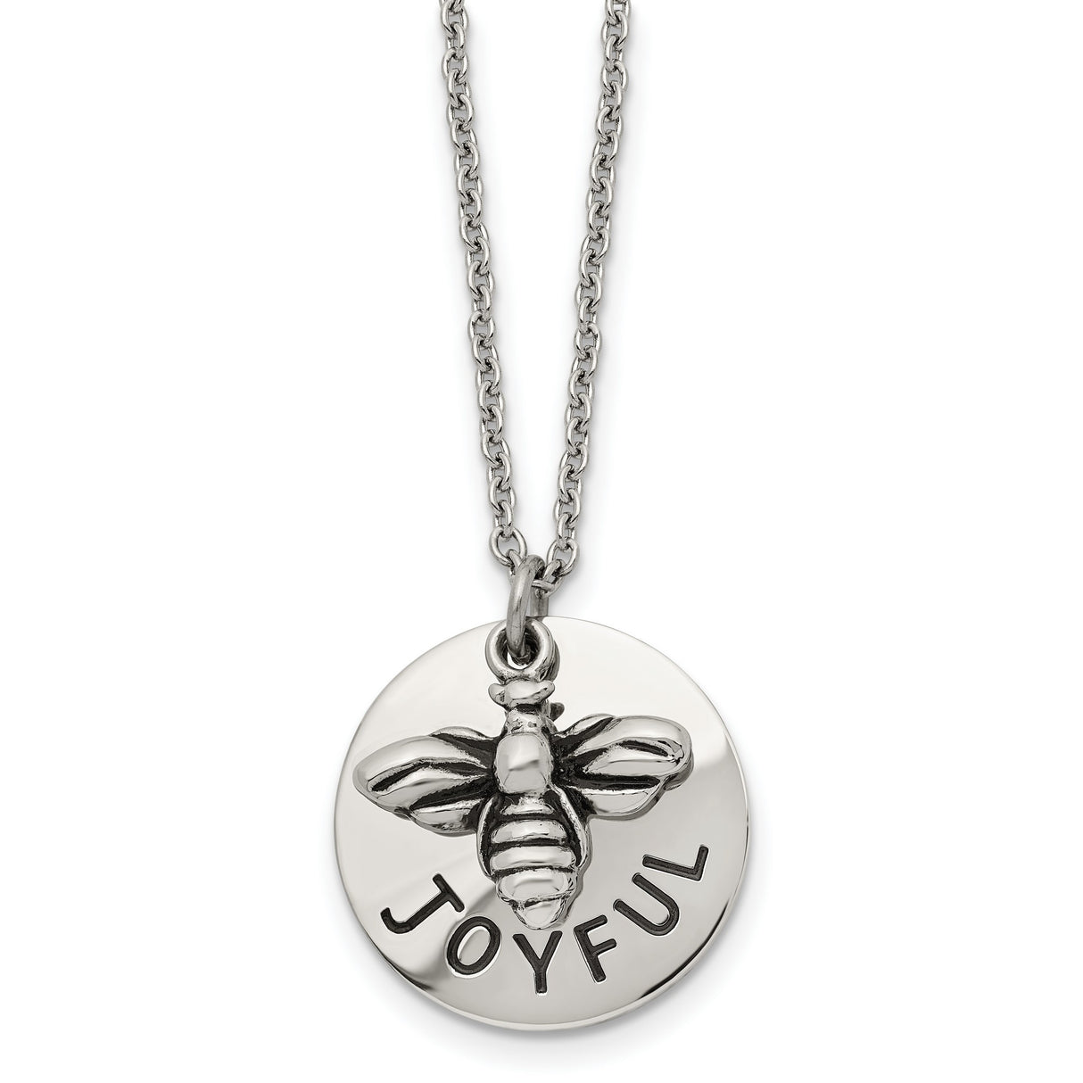 Polished Bumble Bee Joyful Word Necklace 22 Inch Charm Pendant in Real 316 Stainless Steel
