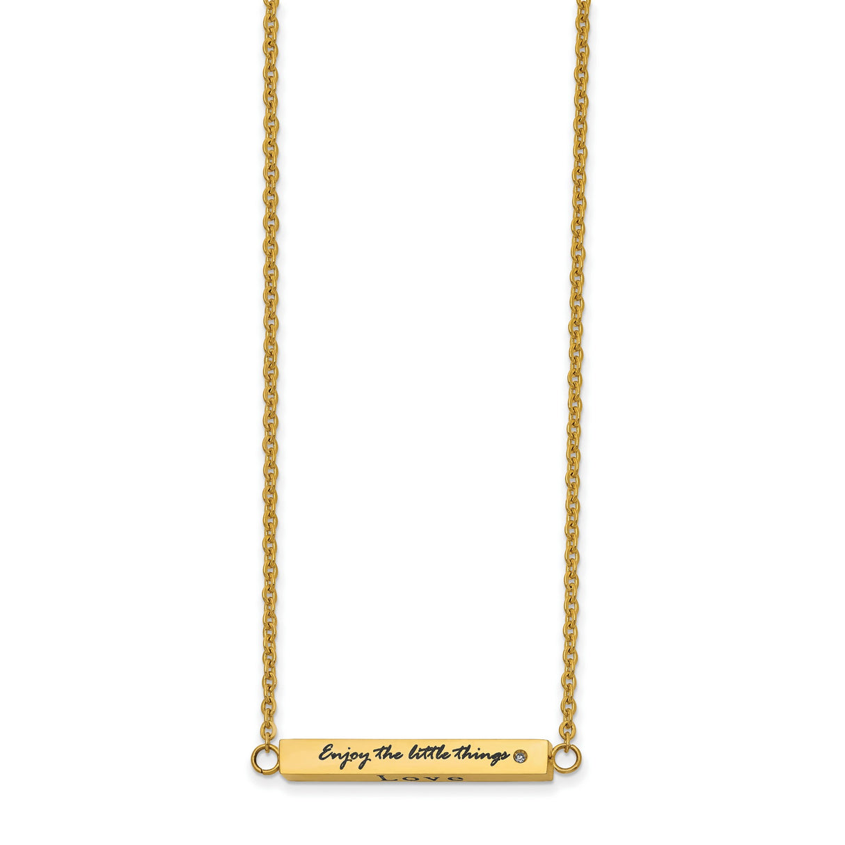 Polished Yellow IP-plated Enameled with CZ ENJOY THE LITTLE THINGS Bar on a 16 inch Cable Chain with a 2 inch Extension Necklace Charm Pendant in Real 316 Stainless Steel