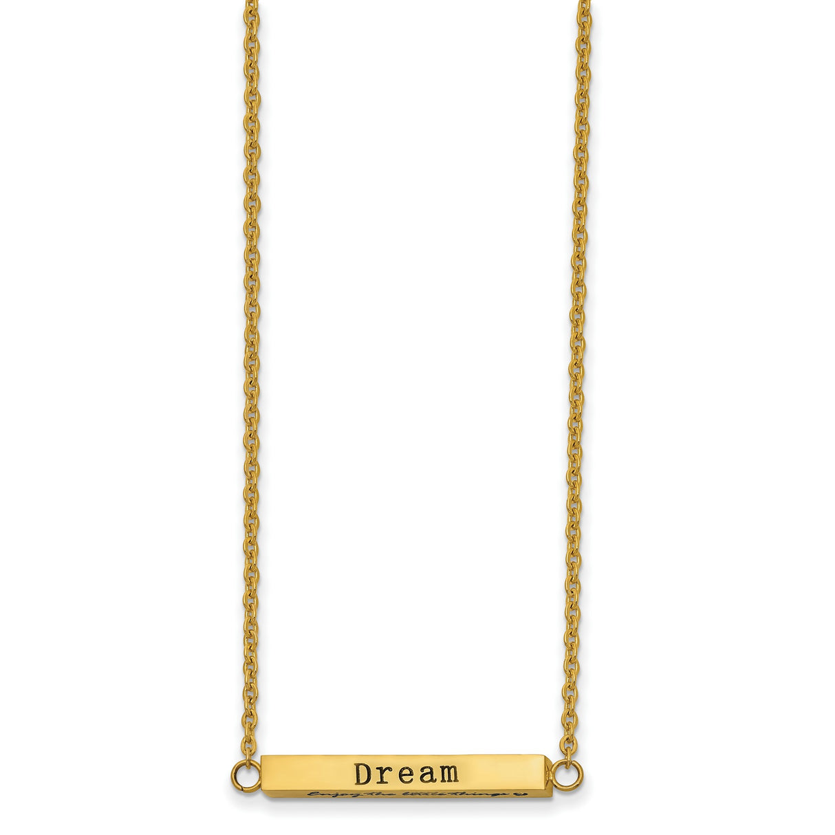 Polished Yellow IP-plated Enameled with CZ ENJOY THE LITTLE THINGS Bar on a 16 inch Cable Chain with a 2 inch Extension Necklace Charm Pendant in Real 316 Stainless Steel