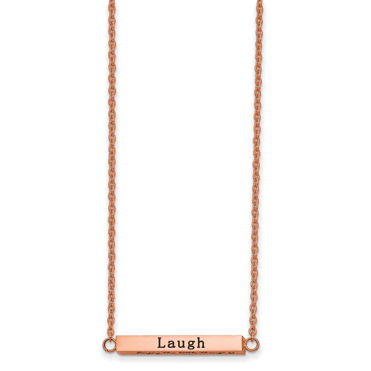 Polished Rose IP-plated Enameled CZ ENJOY THE LITTLE THINGS Bar on a 16 inch Cable Chain with a 2 inch Extension Necklace Charm Pendant in Real 316 Stainless Steel