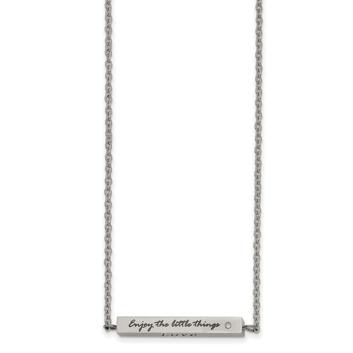 Polished and Enameled with CZ ENJOY THE LITTLE THINGS Bar on a 16 inch Cable Chain with a 2 inch Extension Necklace Charm Pendant in Real 316 Stainless Steel