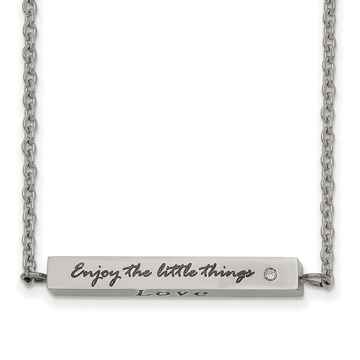 Polished and Enameled with CZ ENJOY THE LITTLE THINGS Bar on a 16 inch Cable Chain with a 2 inch Extension Necklace Charm Pendant in Real 316 Stainless Steel