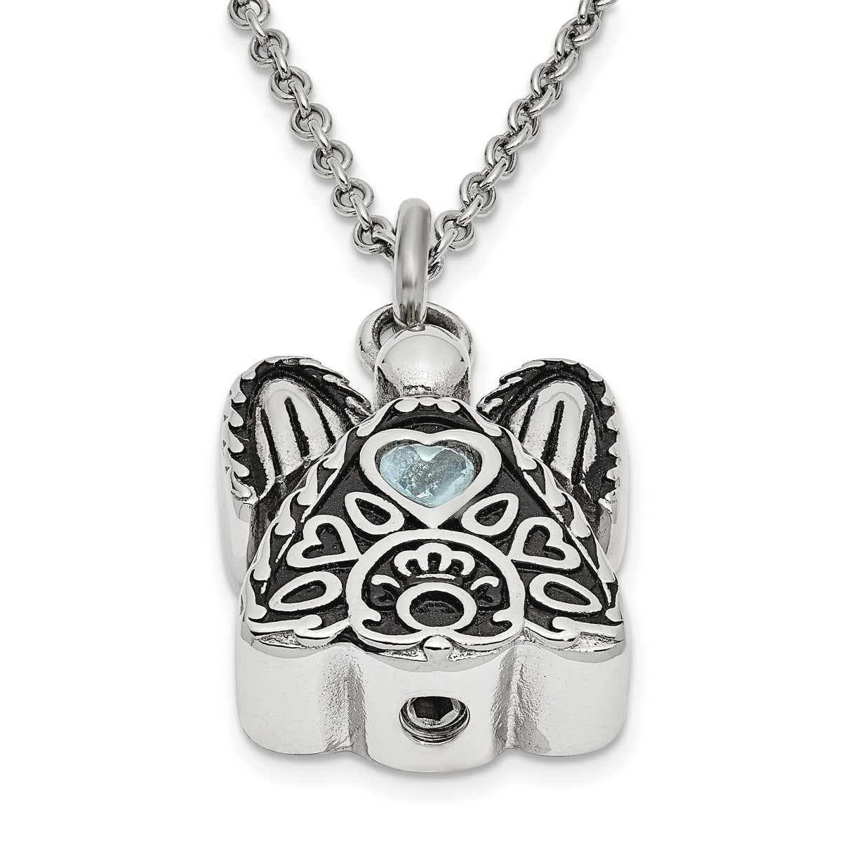 Light Blue CZ March Birthstone Angel Ash Holder 18 inch Necklace Charm Pendant in Real 316 Stainless Steel