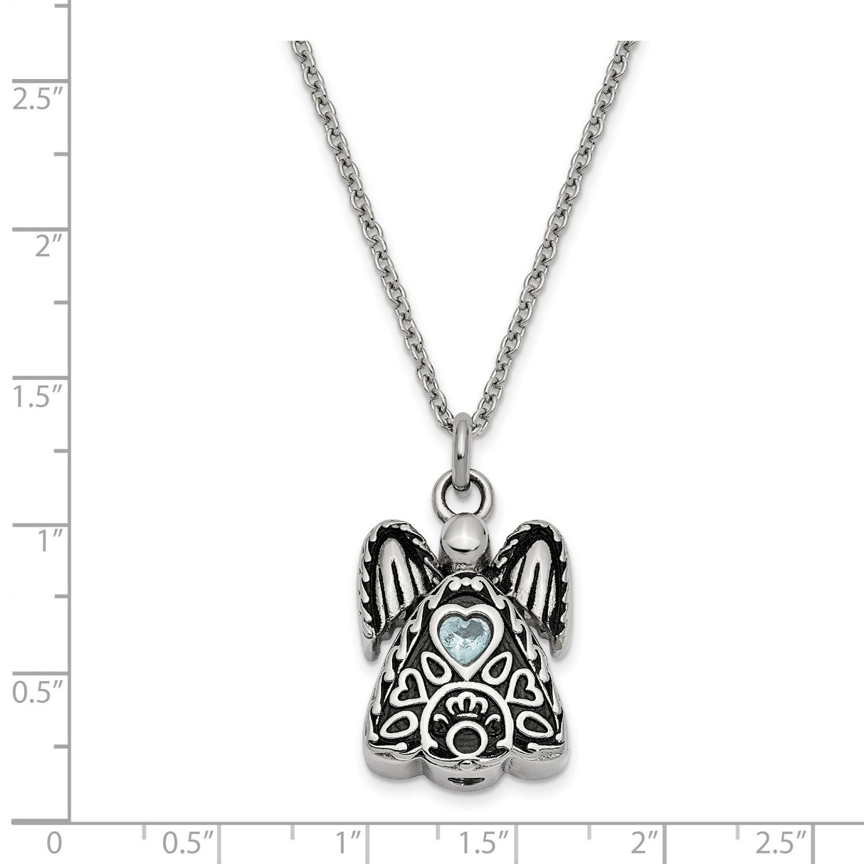 Light Blue CZ March Birthstone Angel Ash Holder 18 inch Necklace Charm Pendant in Real 316 Stainless Steel