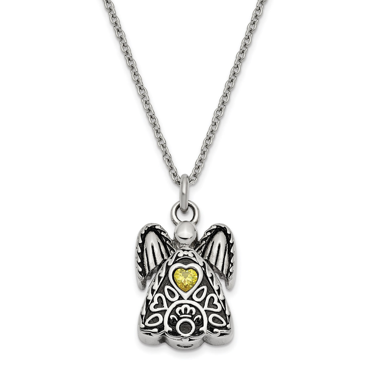 Yellow CZ November Birthstone Angel Ash Holder 18 inch Necklace Charm Pendant in Real 316 Stainless Steel