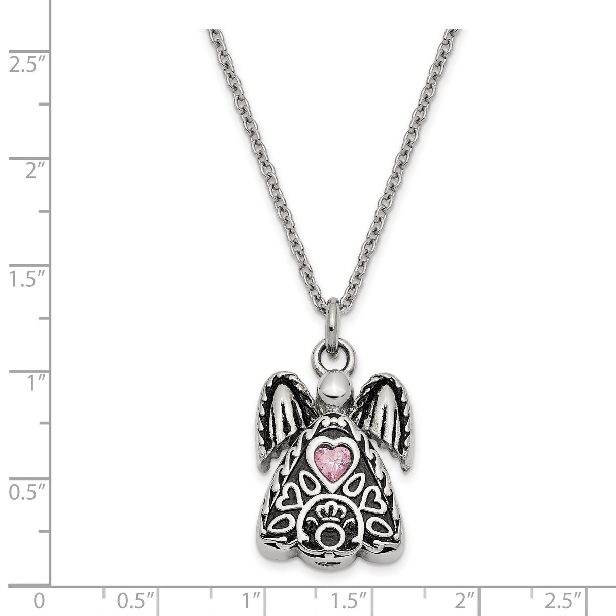 Pink CZ October Birthstone Angel Ash Holder 18 inch Necklace Charm Pendant in Real 316 Stainless Steel