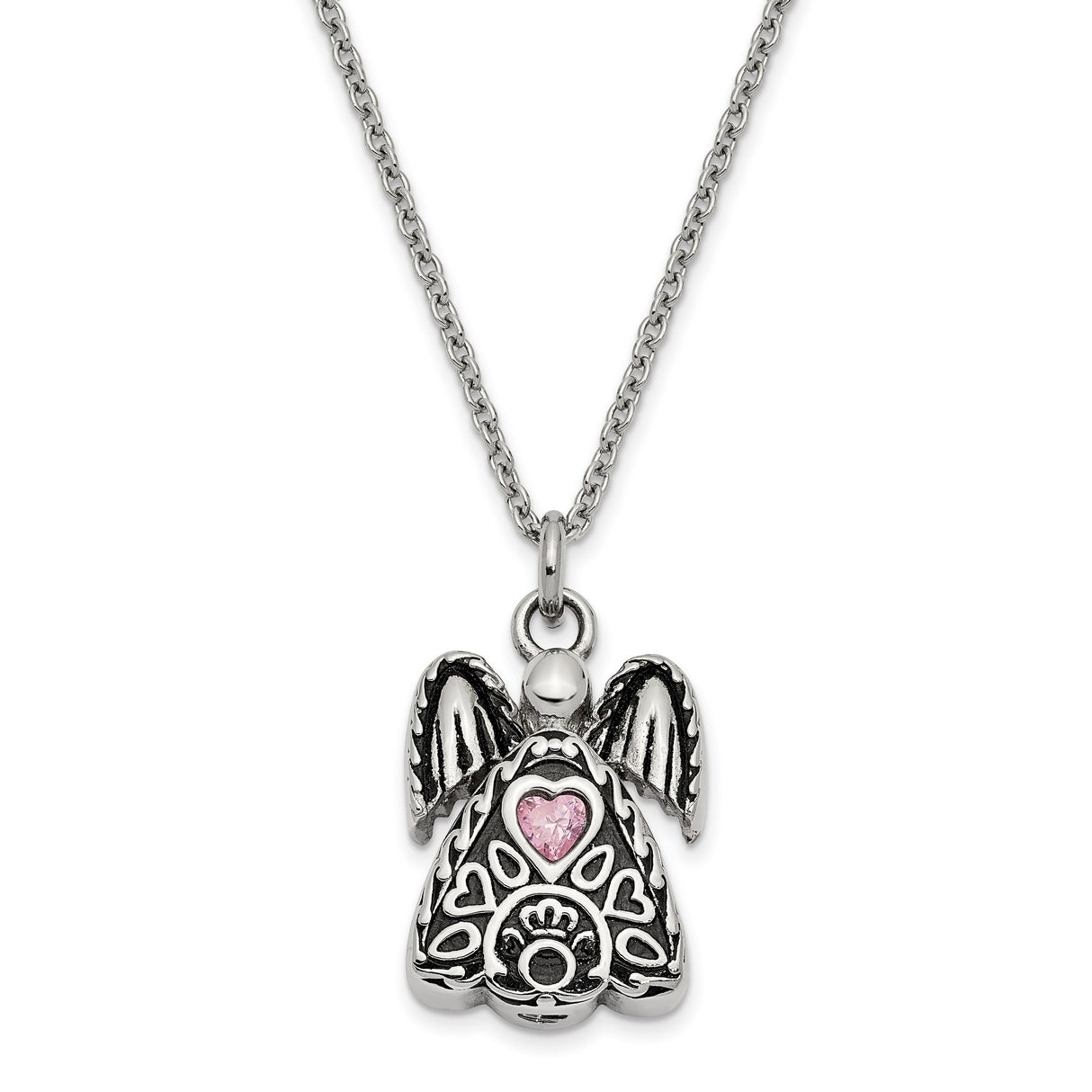Pink CZ October Birthstone Angel Ash Holder 18 inch Necklace Charm Pendant in Real 316 Stainless Steel