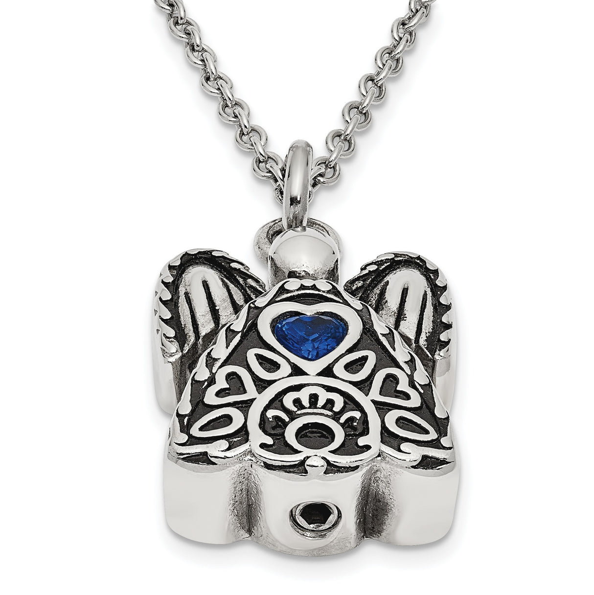 Blue CZ September Birthstone Angel Ash Holder 18 inch Necklace Charm Pendant in Real 316 Stainless Steel