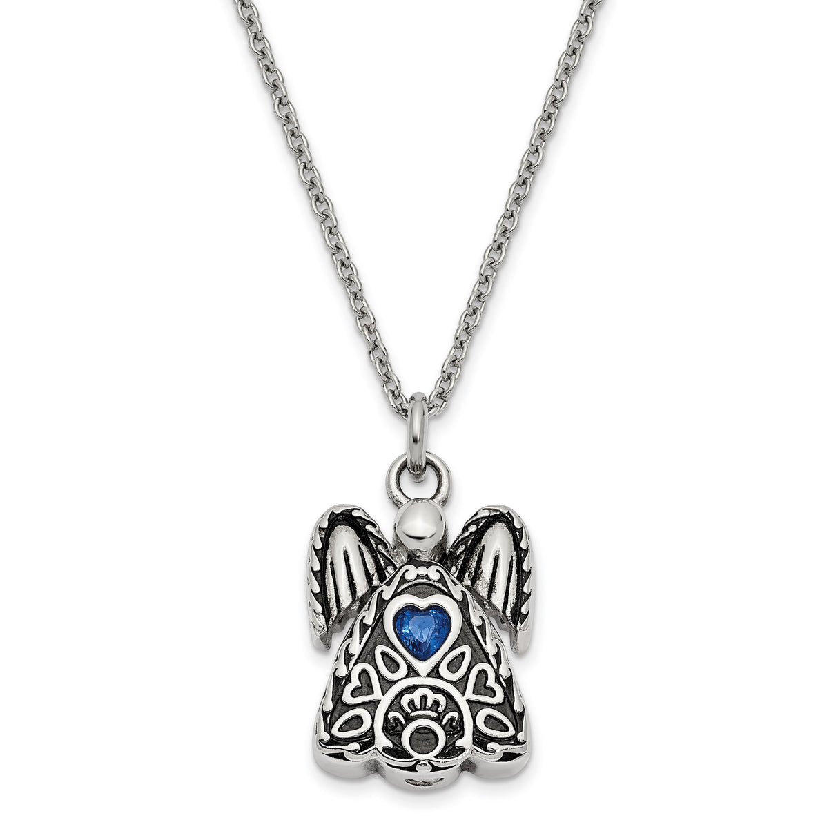 Blue CZ September Birthstone Angel Ash Holder 18 inch Necklace Charm Pendant in Real 316 Stainless Steel