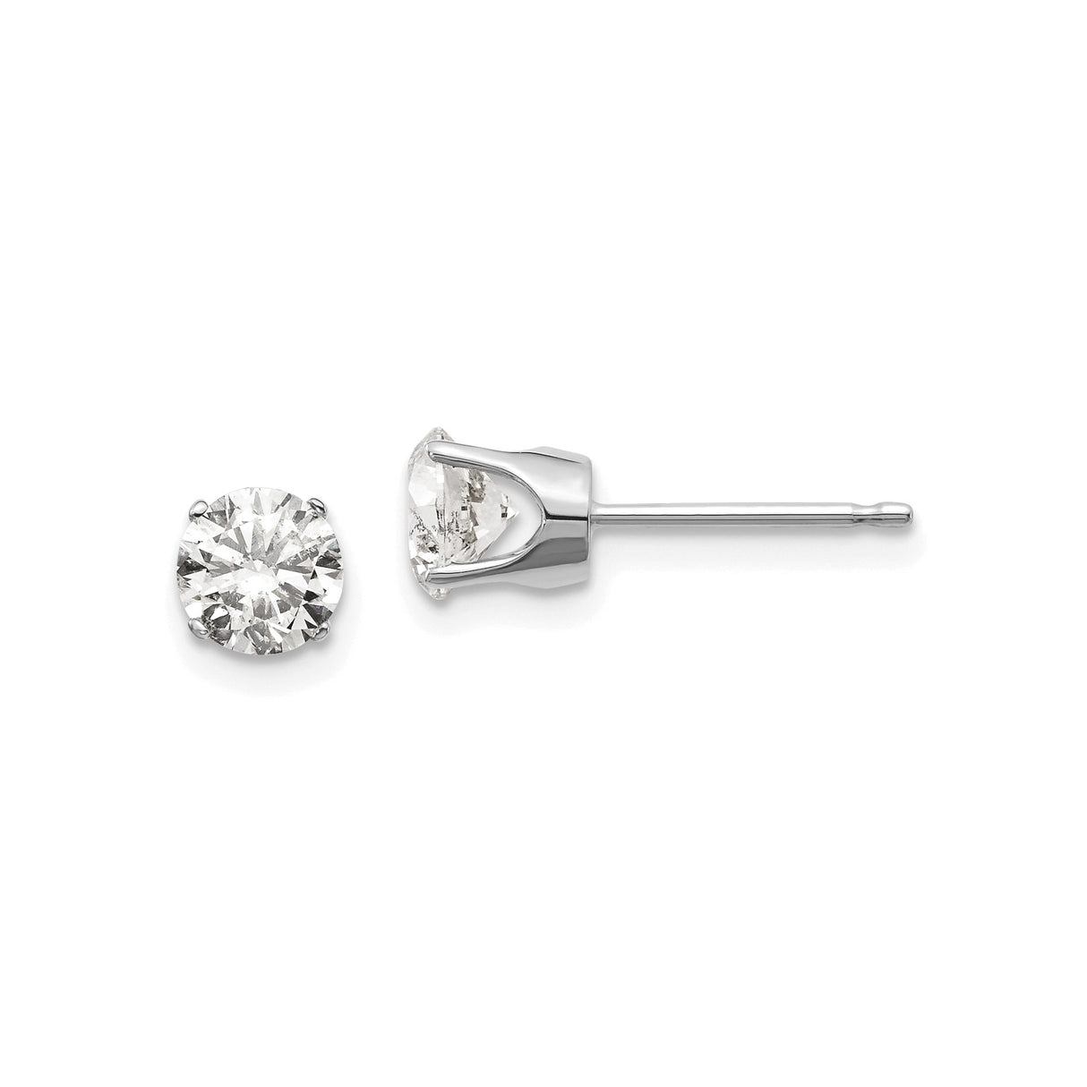 14k White Gold Stud Earrings with Round Cubic Zirconia, Four Prong Solitaire Style