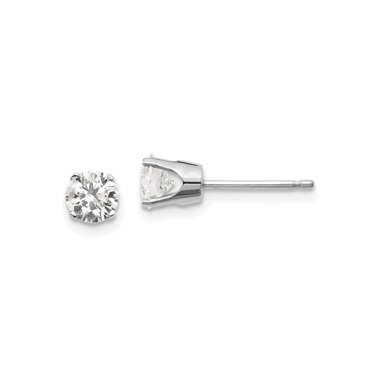 14k White Gold Stud Earrings with Round Cut Diamond Solitaire in Four-Prong Setting