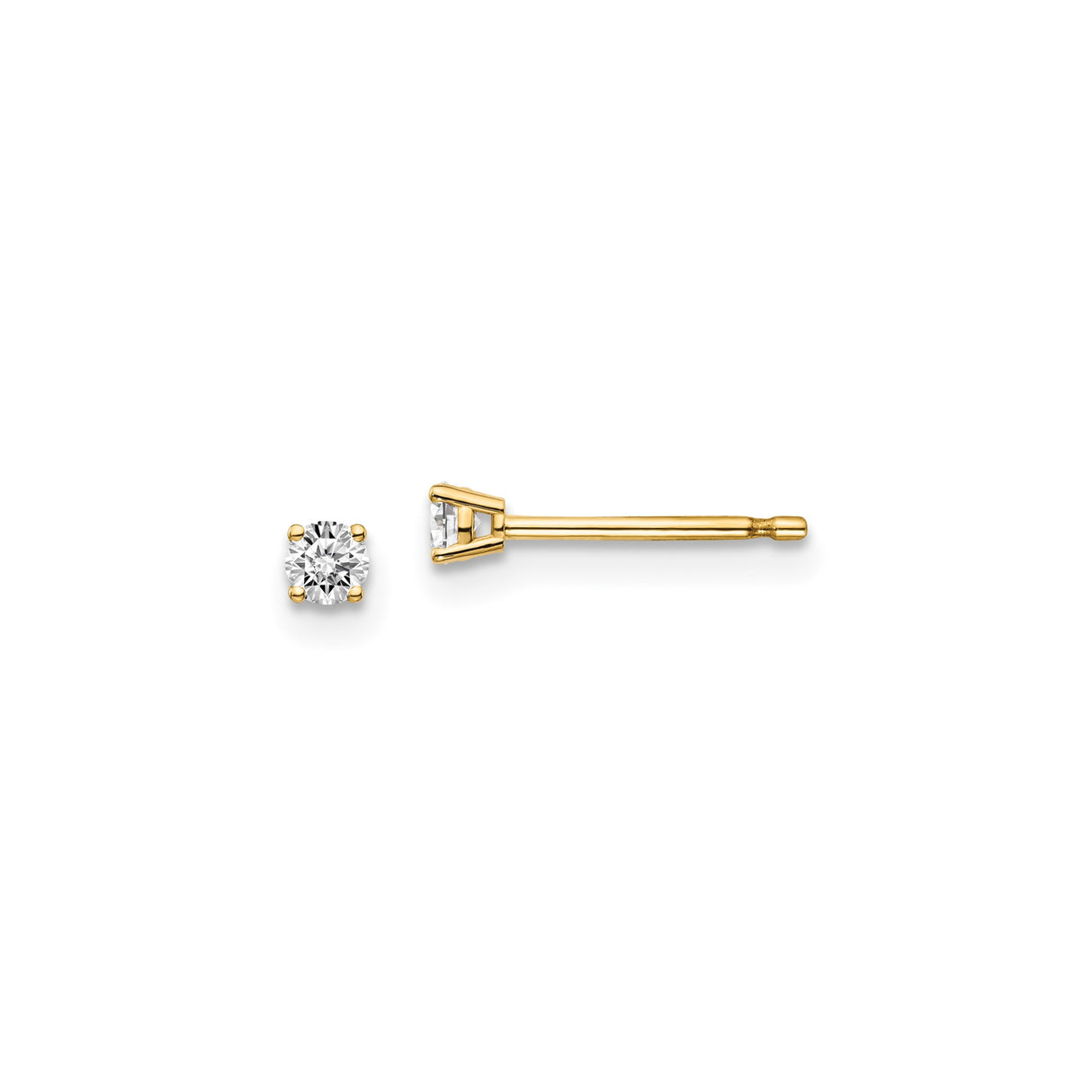 14k Yellow Gold Stud Earrings, Round Cut Cubic Zirconia Solitaire, Minimalist Dainty Style
