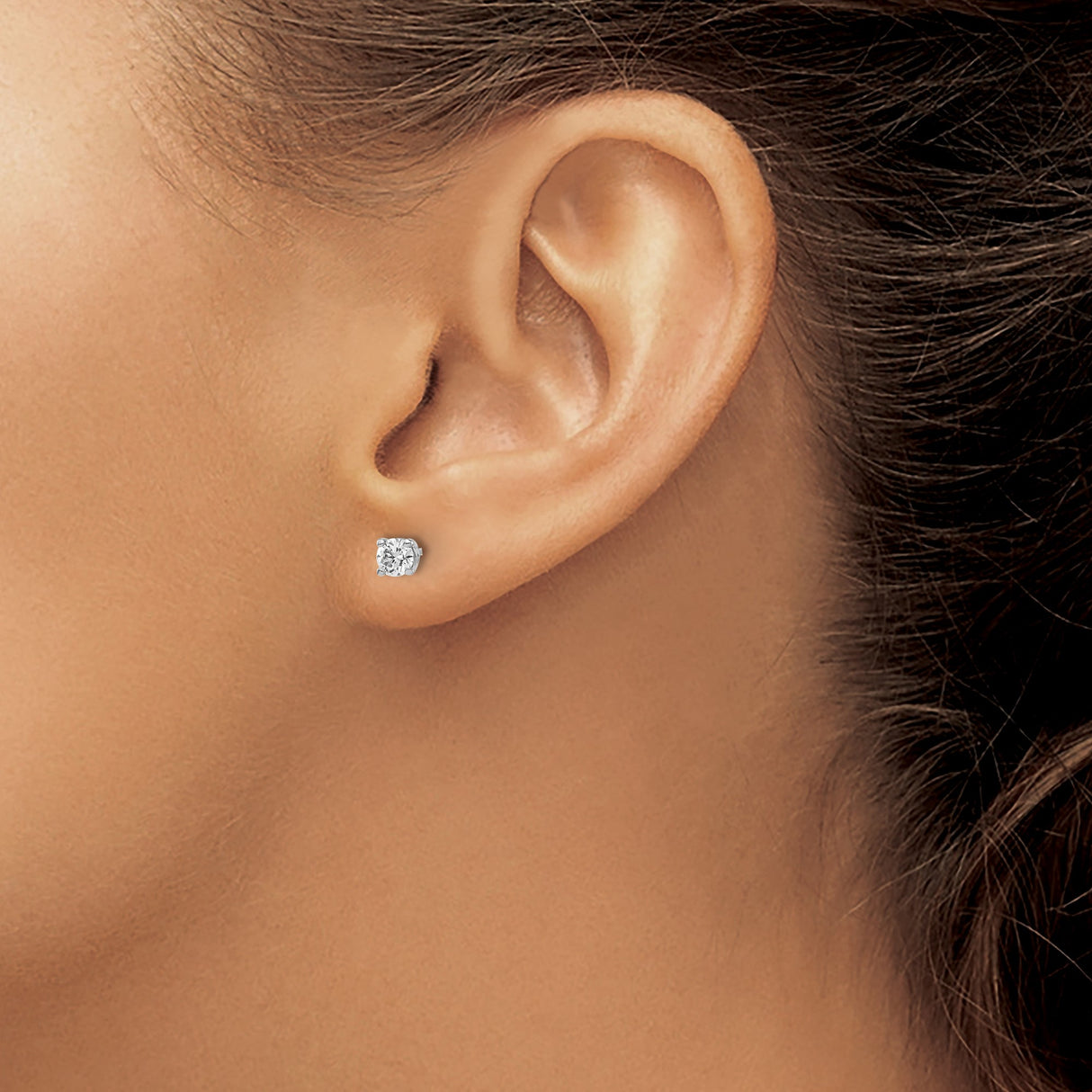 14k White Gold Stud Earrings with Round Cut Diamonds, Solitaire Four-Prong Setting