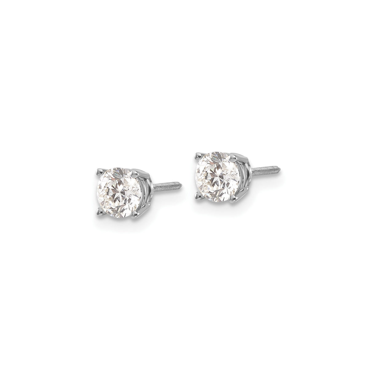 14k White Gold Solitaire Stud Earrings with Round Diamond, Four Prong Setting, Screw Backs