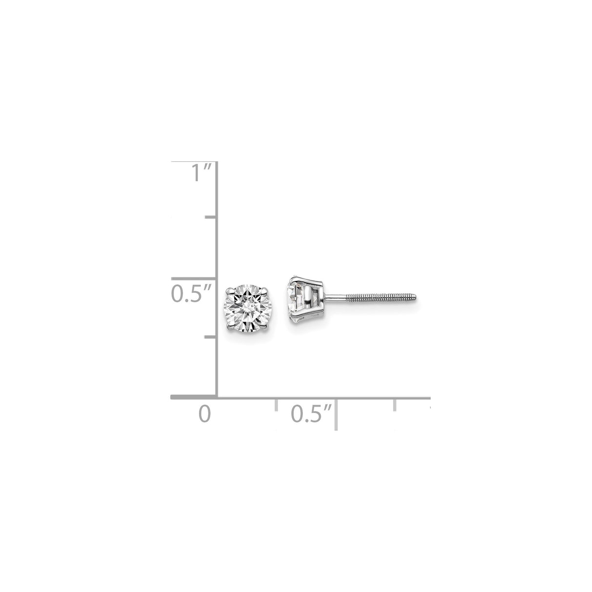 14k White Gold Solitaire Stud Earrings with Round Diamond, Four Prong Setting, Screw Backs