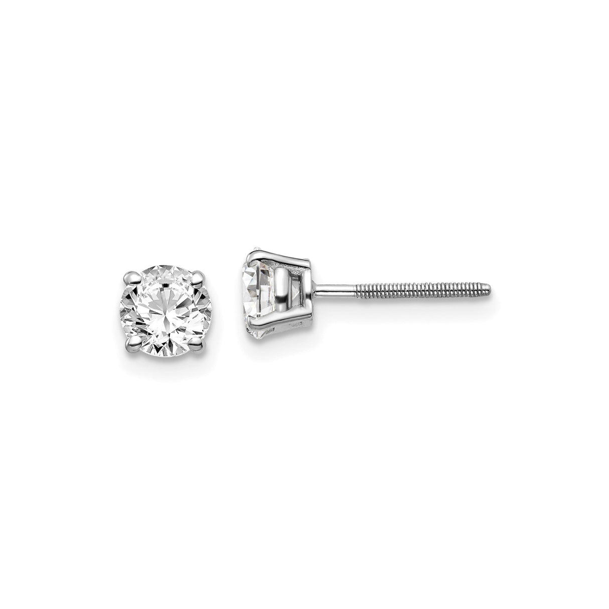 14k White Gold Solitaire Stud Earrings with Round Diamond, Four Prong Setting, Screw Backs