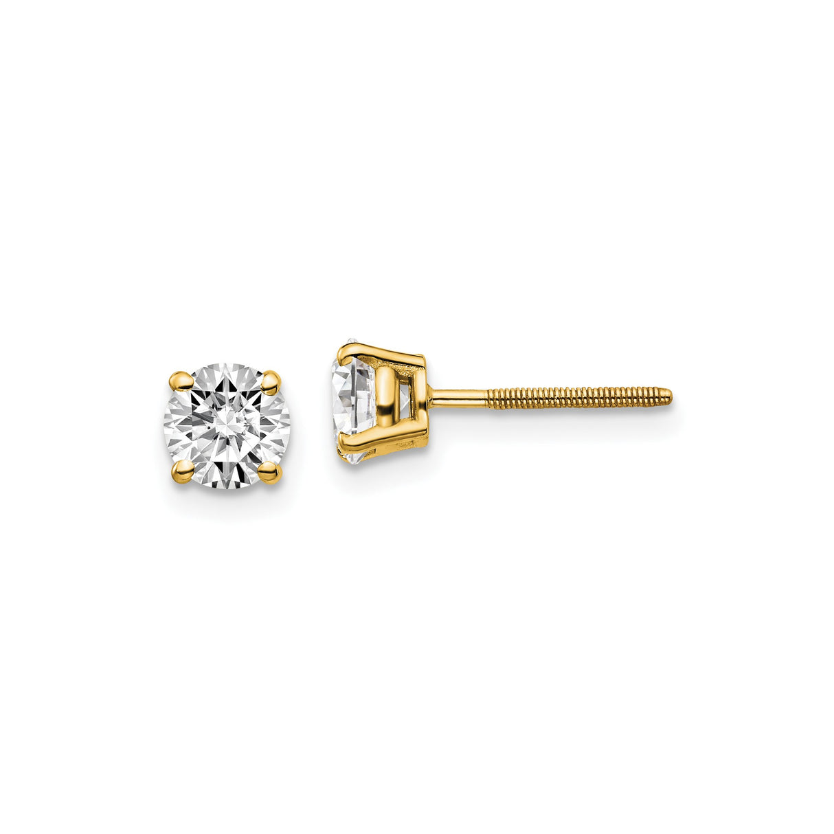 14k Yellow Gold Diamond Stud Earrings, Four Prong Solitaire with Screw Back